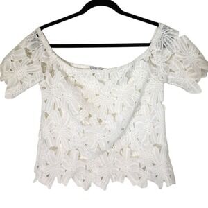 Vintage Dizzy Gal Womens White Floral Lace Off The Shoulder Crop Short Sleeve L